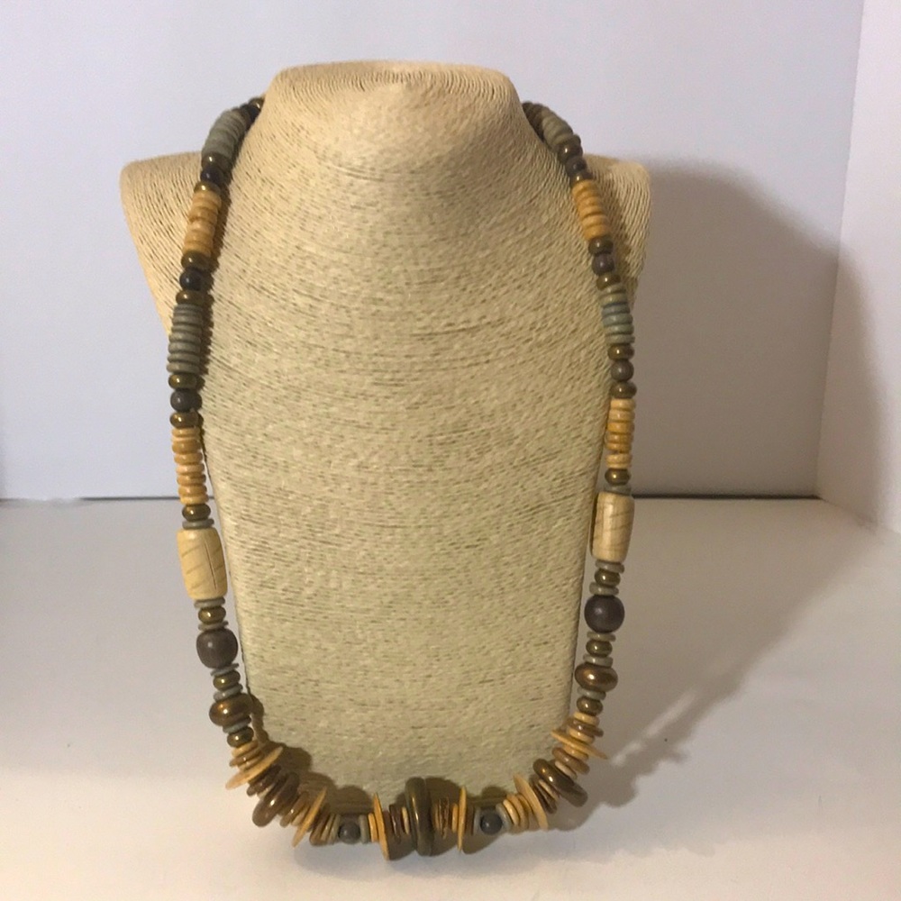 Necklace beaded wood metal cream brown vintage boho neutral tribal summer